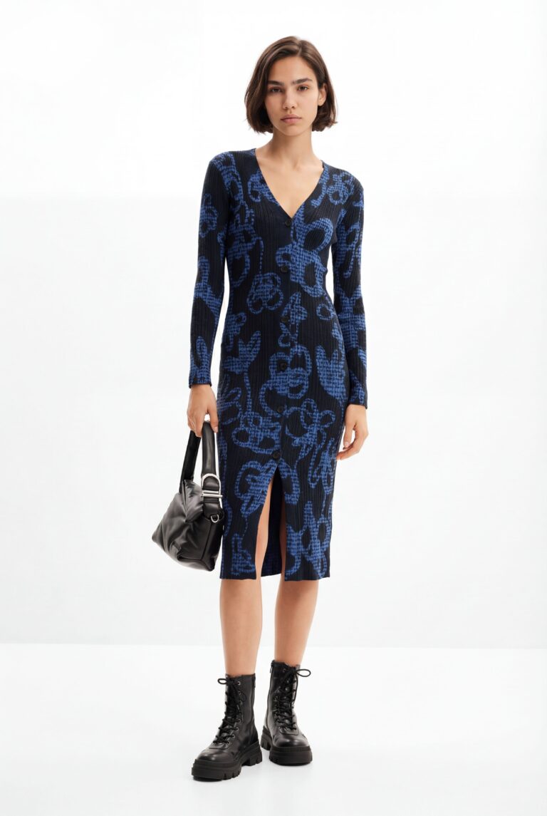Desigual Vestido midi punto flores, Negro