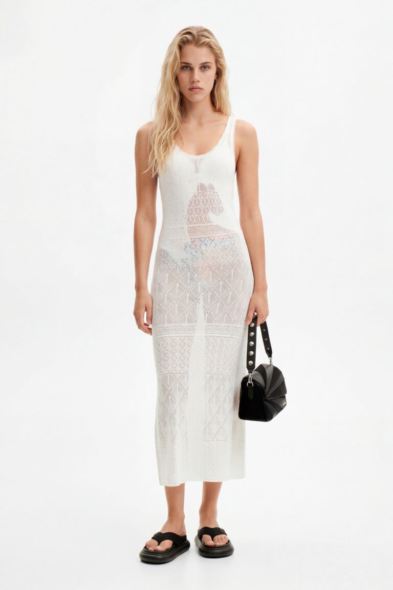 Desigual Vestido midi tirantes calado, Blanco