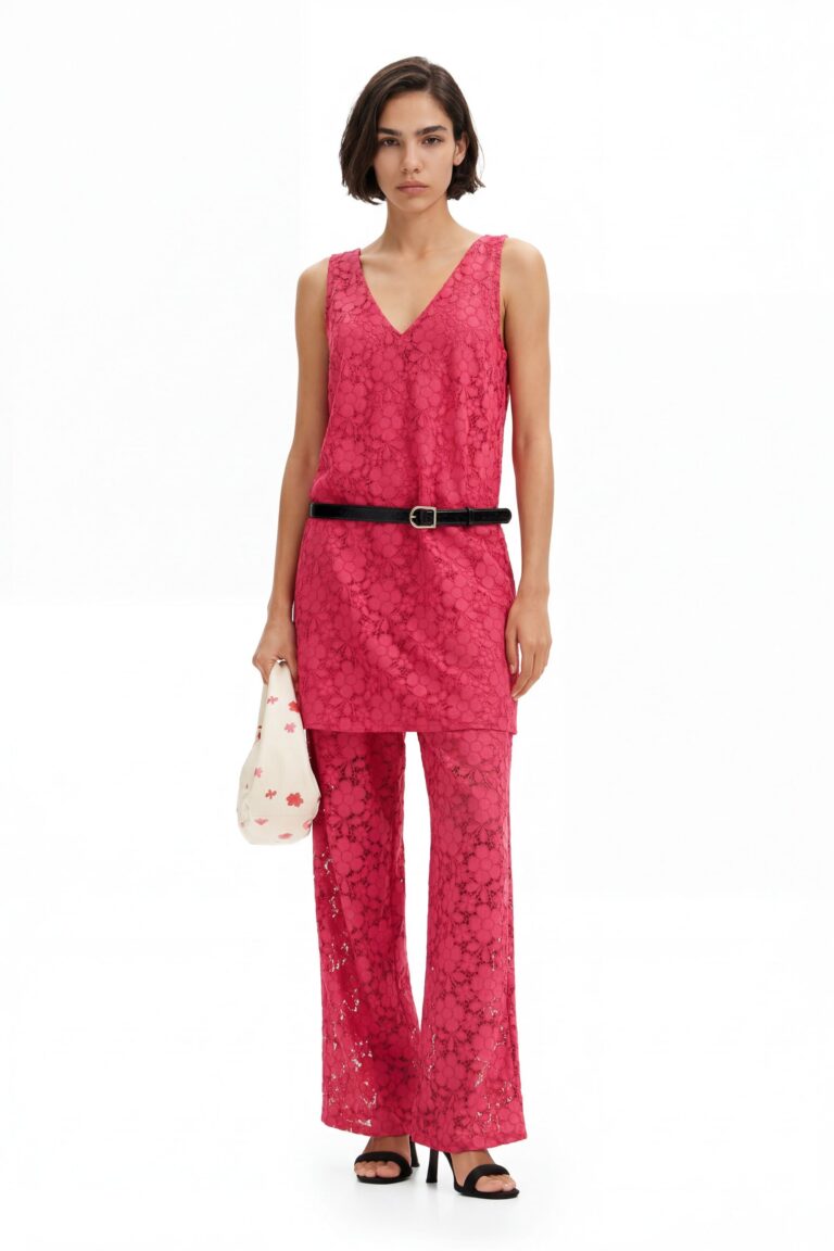 Desigual Vestido mini encaje flores, Poliester, Rojo