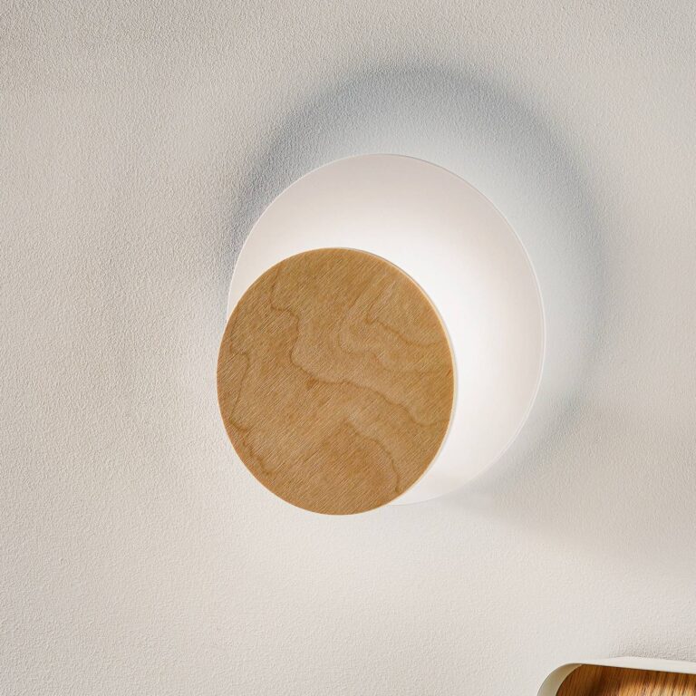Emibig LIGHTING Aplique de pared Circle en blanco, placa decorativa en madera clara