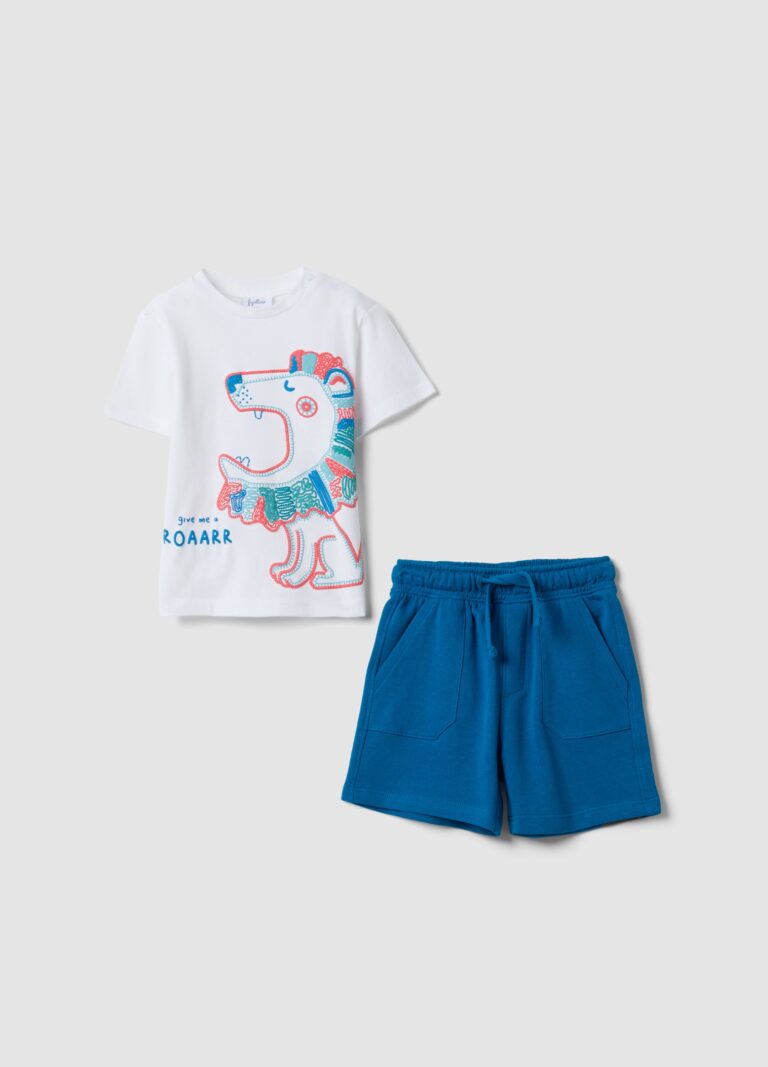 Fagottino Conjunto Blanco Y Azul De Puro Algodón Con Camiseta Y Shorts Para Bebé Niño, Corte Regular, Niño, Blanco/azul, Talla: 12-18
