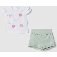 Fagottino Conjunto Multicolor De Mezcla De Algodón Y Lino Para Recién Nacida Con Flores Aplicadas, Bebé Niña, Blanco/verde, Talla: 3-6