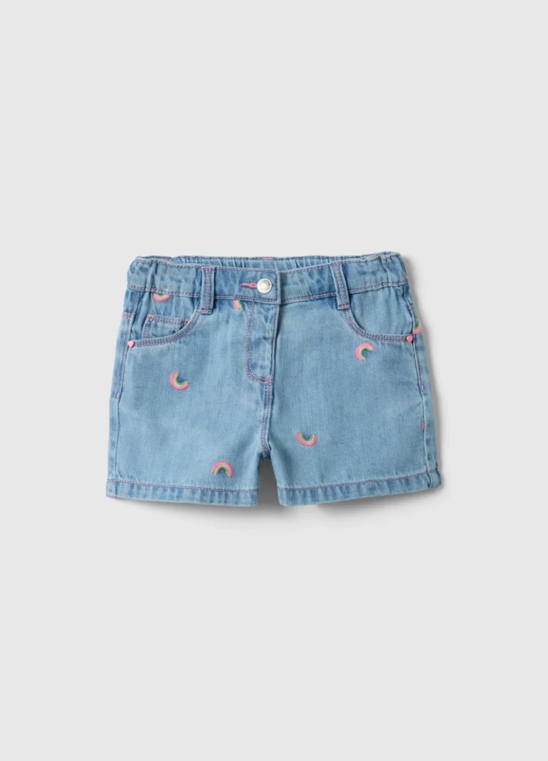 Fagottino Shorts De Mezcla De Algodón Y Denim Azul Para Niñas, Ajuste Regular, Con Bordados, Niña, Azul claro, Talla: 9-12