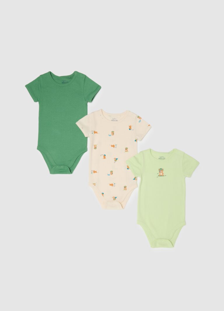 Fagottino Tripack De Bodies De Algodón Puro Multicolor De Manga Corta Para Bebés, Niño, Beige/Verde, Talla: 18-24
