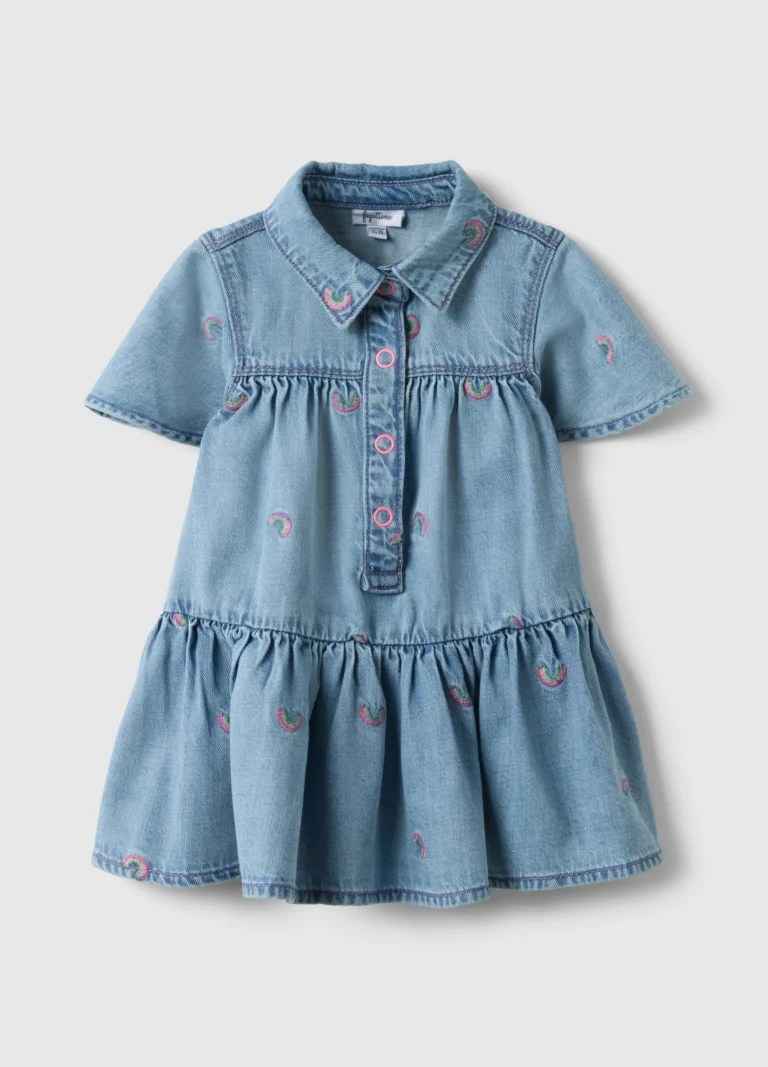Fagottino Vestido De Mezcla De Algodón Denim Azul Para Niñas Con Arcoíris, Niña, Azul claro, Talla: 12-18
