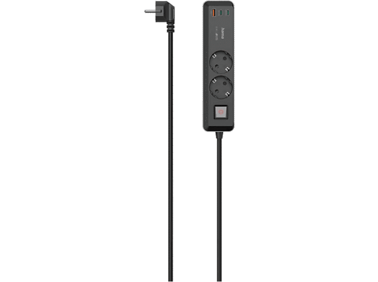 Hama Regleta - Hama 00223062, 2 tomas, Para exteriores, Montaje pared, Conexión USB, 3680 W, Negro
