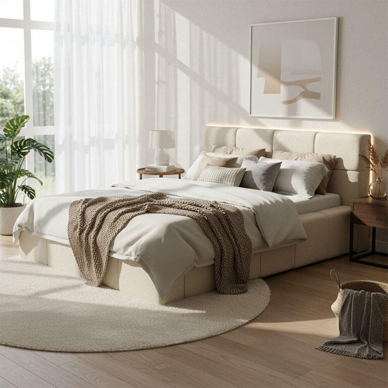Home Deluxe Cama LED en tejido de peluche incl. estante GALA - Beige, 140 x 200 c