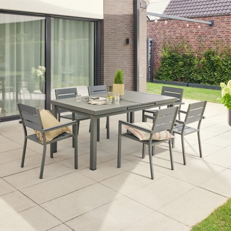 Home Deluxe Grupo de asientos de jardín CALIDO MADERA que incluye mesa de jardín extensible y 10 silla