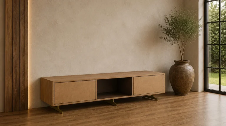 Kawola Mueble bajo KAWOLA GALA para televisión, 2 puertas, 2 compartimentos, piel sintética dorada, patas de acero inoxidable cepillado