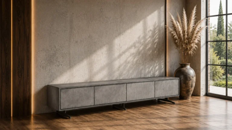 Kawola Mueble bajo KAWOLA GALA para televisión, 4 puertas, piel sintética gris, patas de acero inoxidable cepillado