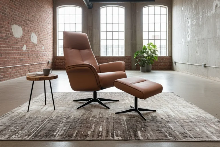 Kawola sillón reclinable JOSIANE sillón giratorio de cuero marrón con Puf