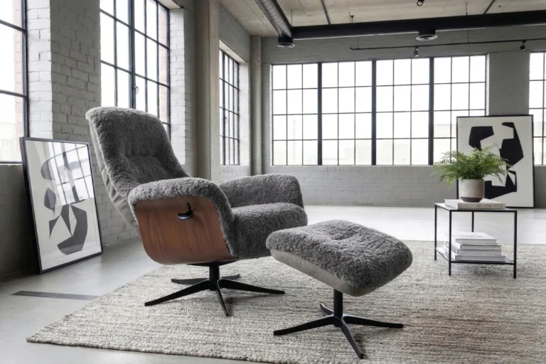 Kawola sillón reclinable SILVA sillón giratorio piel de oveja gris claro con Puf