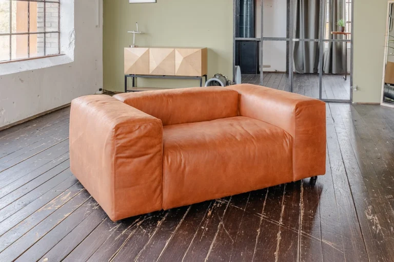 Kawola Sofá de dos plazas MIA. Conjunto modular de 4 piezas. Tejido de fibras de cuero color coñac