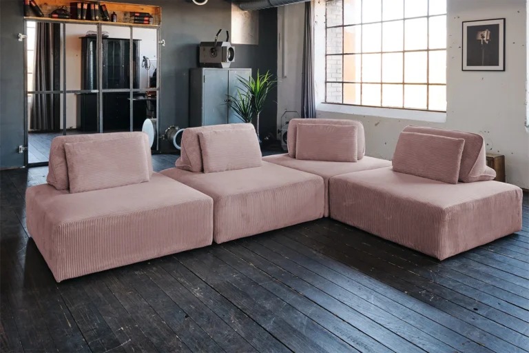 Kawola Sofá modular KAWOLA WIOLO SOFT, 4 módulos, 4 cojines respaldo, Pana rosa