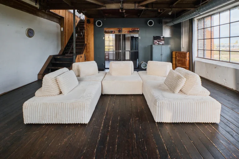Kawola Sofá modular KAWOLA WIOLO SOFT, 5 módulos, 5 cojines respaldo, tejido de pana suave y ancha, color blanco crema