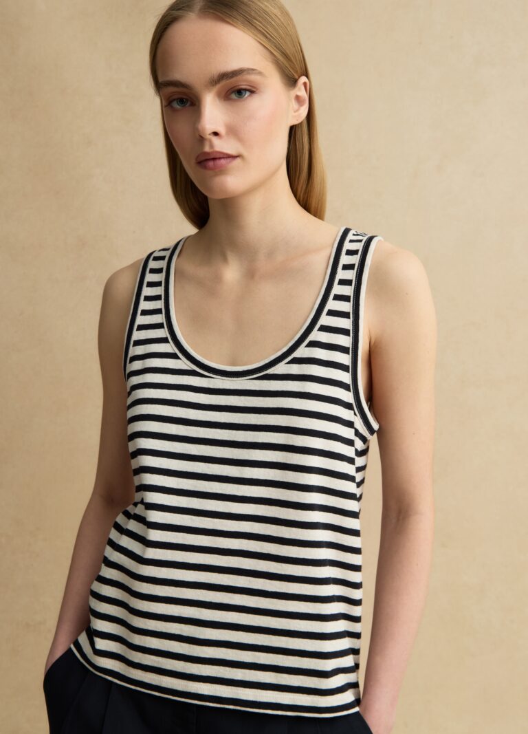 Les COPAINS Camiseta Sin Mangas De Rayas Multicolores De Algodón Y Lino Corte Regular, Mujer, Blanco/negro, Talla: 38