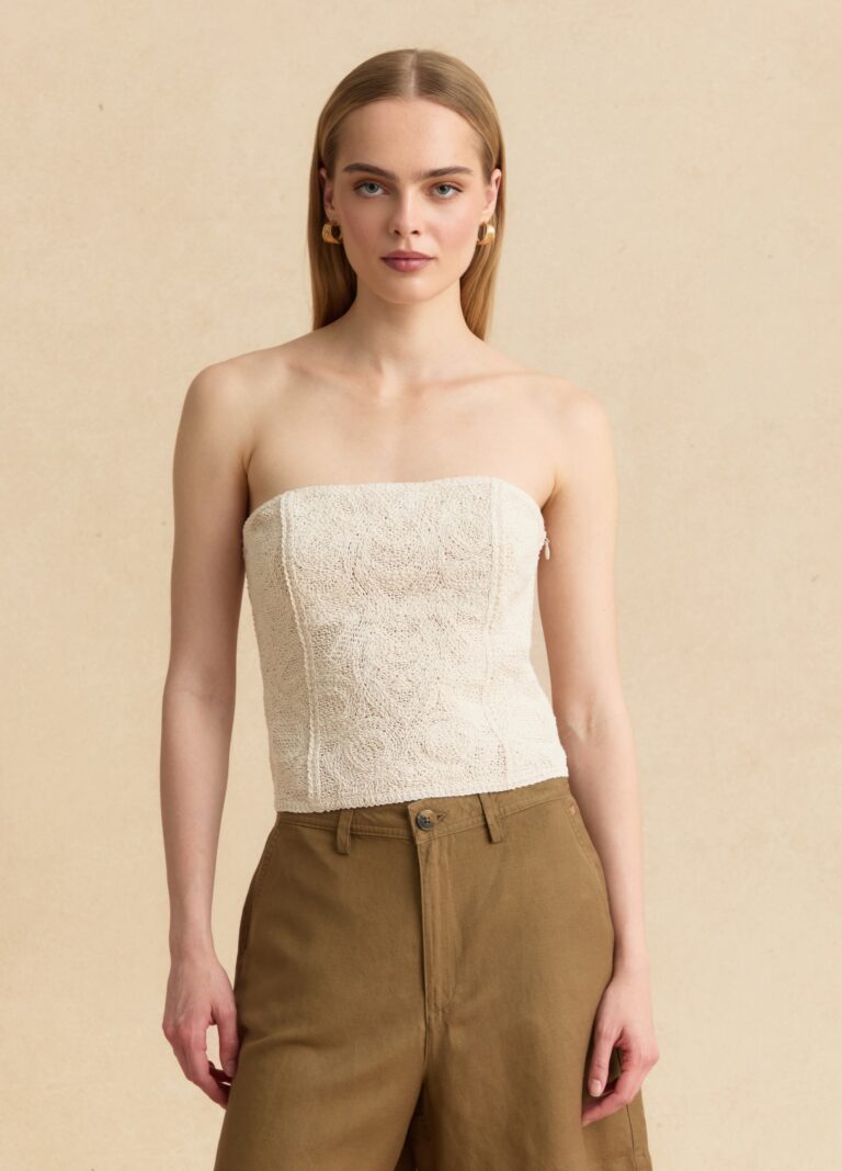 Les COPAINS, Top Beige Palabra De Honor En Mezcla De Algodón, Corte Regular Y Textura Trenzada, Mujer, Beige, Talla: S