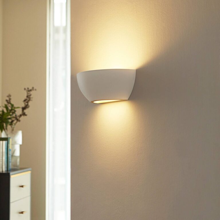 Lindby Aplique de pared Lindby «Jimmy», blanco, yeso, semicircular, 24 cm, E14