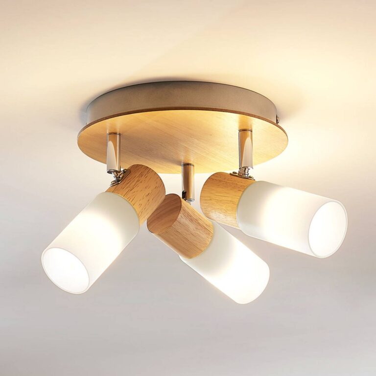 Lindby ceiling spotlight Christoph, 20 cm, 3 luces, madera, ronde