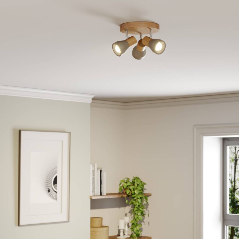 Lindby Filiz foco, 3 luces, Ø 20 cm, madera, hormigón, E14