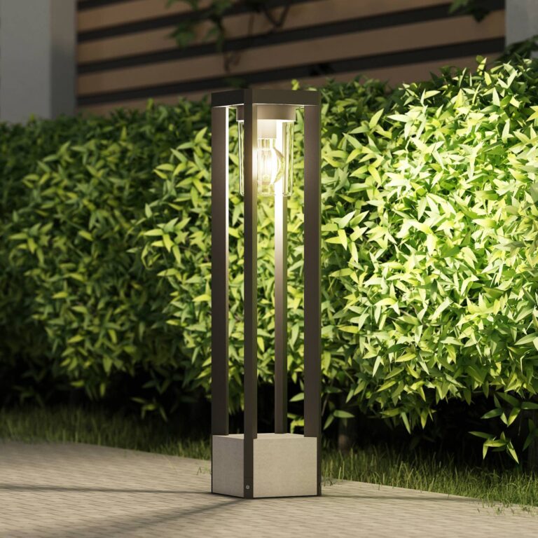 Lucande Bolardo luminoso Kalisa, E27, IP44, 70 cm, gris, meta