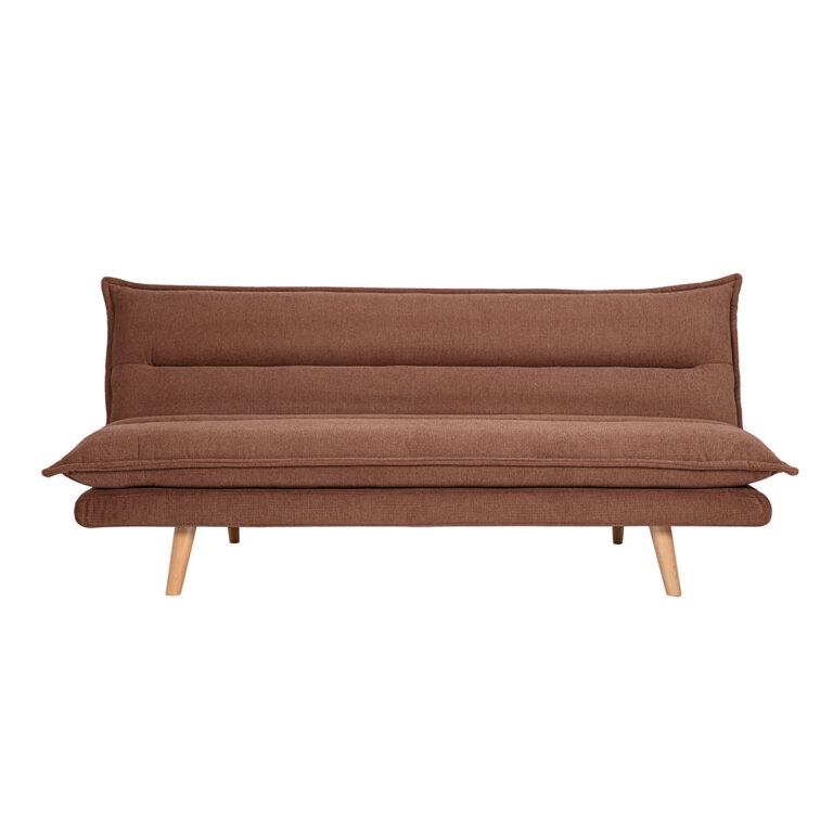Miliboo Sofá cama convertible de 3 plazas en tejido chenilla texturado tierra quemada y madera clara BINGO