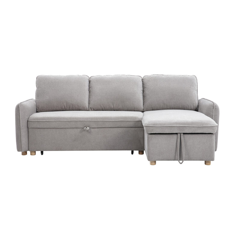 Miliboo Sofá esquinero convertible reversible con arcón 3 plazas en tejido chenilla gris y madera clara ORSO