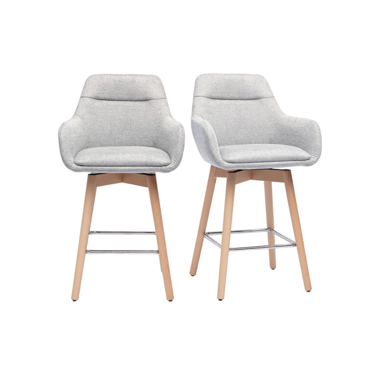 Miliboo Taburetes de bar escandinavos giratorios 360° en tela efecto terciopelo texturado gris claro y madera clara H65 cm (lote de 2) ALES