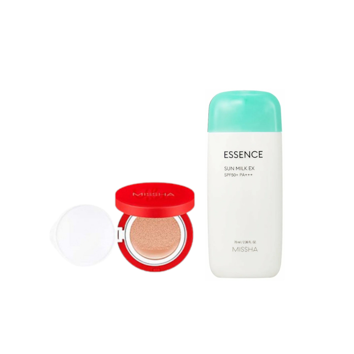 Missha All Around Safe Block Essence Sun Milk EX - 70ml (SPF50+ PA+++) X MISSHA - Velvet Finish Cushion SPF50+ PA+++ - 15g - 23