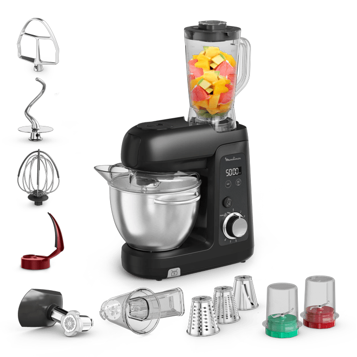 Moulinex Bake Partner +, Robot de repostería, 1100 W, 5 Accesorios Versátiles, Capacidad del bol 4,6L, Batidora 1,15l, Báscula Integrada, Kit Bakegood