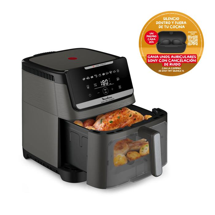 Moulinex Easy Fry Silence Vision, Freidora de aire, 7L, Tecnología Silenciosa, Compacta, Panel Frontal Desmontable, Ventana Visualización, Gri