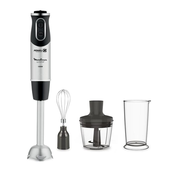 Moulinex Quickchef, Batidora de Mano, 1000W, 3 en 1, Picadora 500 ml, Vaso medidor 800 ml, Inox