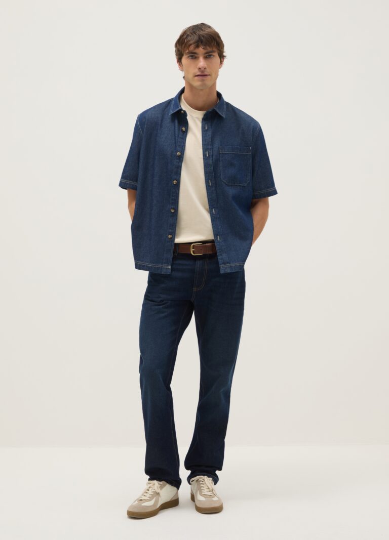 Ovs Camisa En Denim Azul De Puro Algodón, Ajuste Regular Con Bolsillo En El Pecho, Hombre, Azul oscuro, Talla: