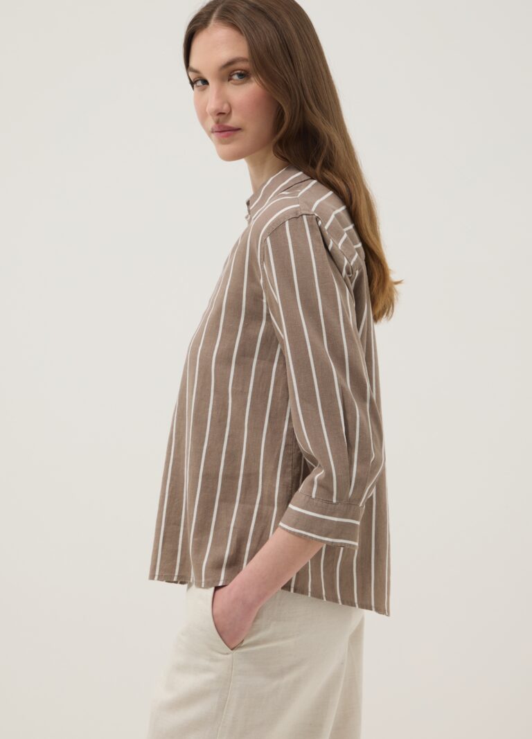 Ovs Camisa Marrón De Rayas En Mezcla De Lino Y Viscosa, Mujer, Gris, Talla: 34