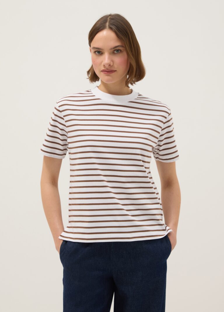 Ovs Camiseta De Cuello Redondo A Rayas Multicolor En Puro Algodón, Corte Regular, Mujer, Blanco/marrón, Talla: 38
