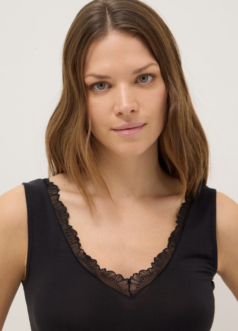 Ovs Camiseta Negra Ajustada Con Encaje, Mujer, Gunmetal, Talla: