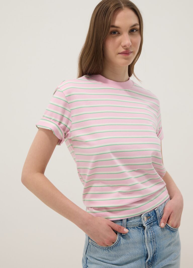 Ovs Camiseta Rosa A Rayas De Algodón Puro, Mujer, Rosa, Talla: