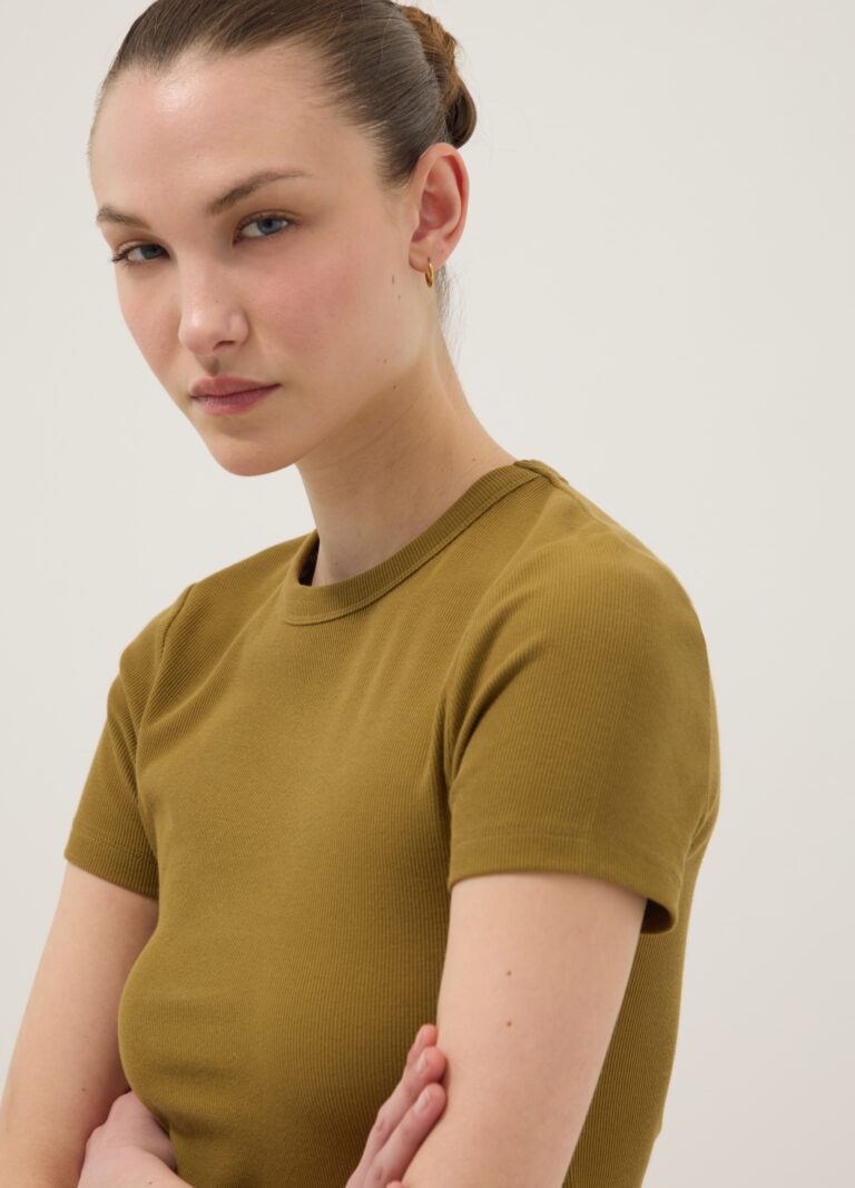 Ovs Camiseta Verde Entallada De Manga Corta En Algodón Elástico, Mujer, Verde musgo, Talla: