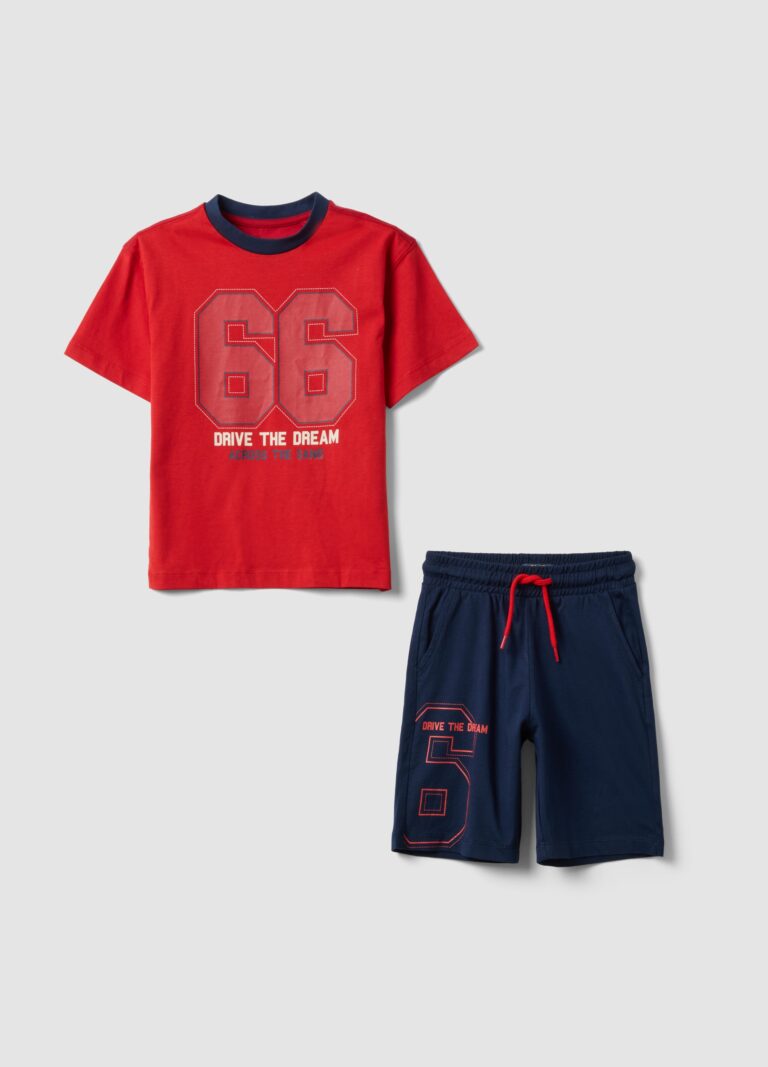 Ovs KIDS Conjunto Rojo De Algodón Puro Con Camiseta Y Pantalón Corto, Niño, Rojo/Azul, Talla: 3-4