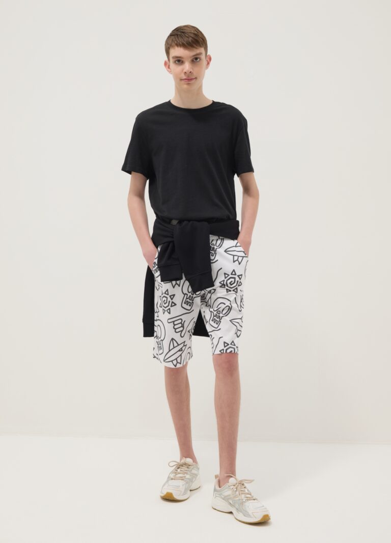Ovs KIDS Pantalón Corto Blanco De Puro Algodón Con Estampado All Over Para Niño, Corte Regular, Niño, Azul Claro/Gris, Talla: 10-11