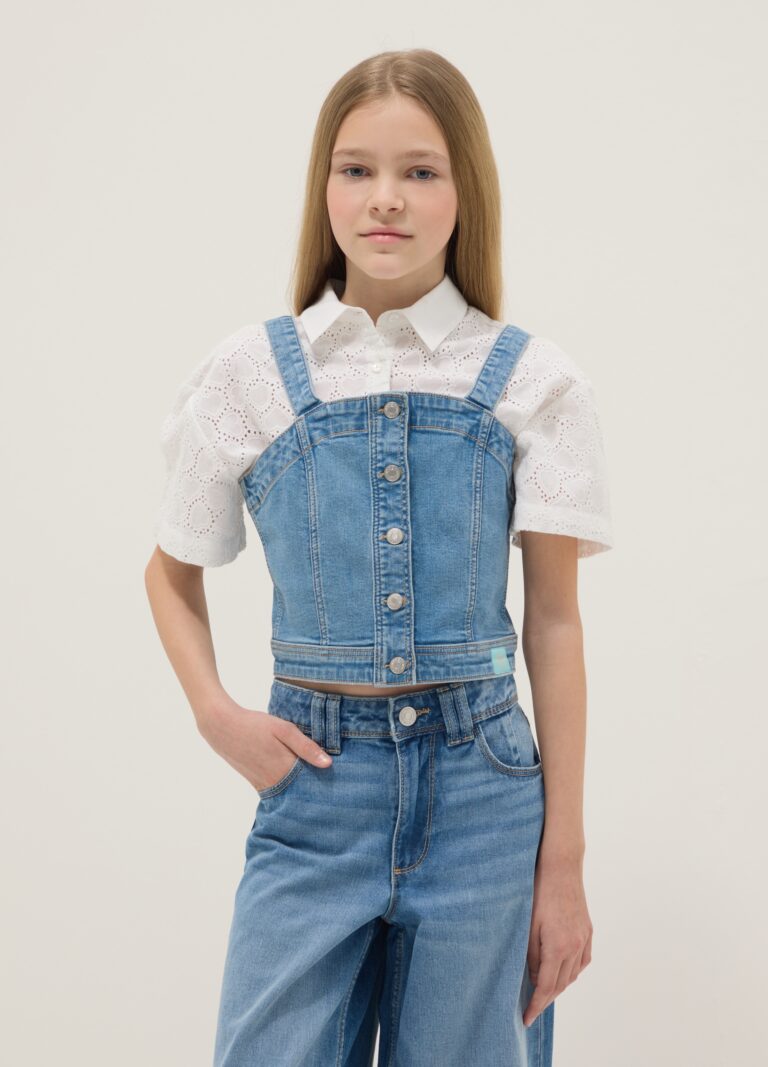 Ovs KIDS Top Corto De Algodón Denim Azul Elástico Para Niñas Ajuste Delgado, Niña, Azul vaquero, Talla: 13-14