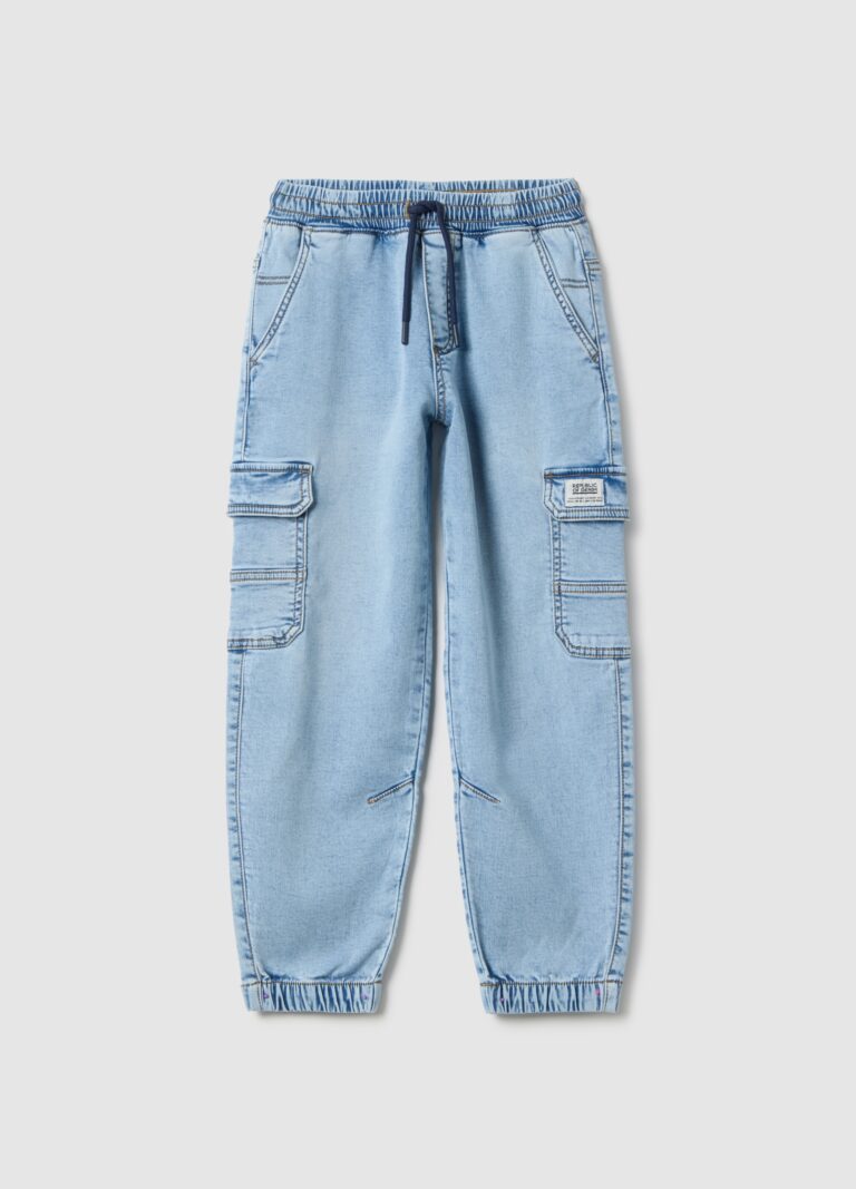 Ovs KIDS Vaqueros Cargo Azul En Mezcla De Algodón Para Niños, Ajuste Regular Con Elástico, Niño, Azul claro, Talla: 3-4