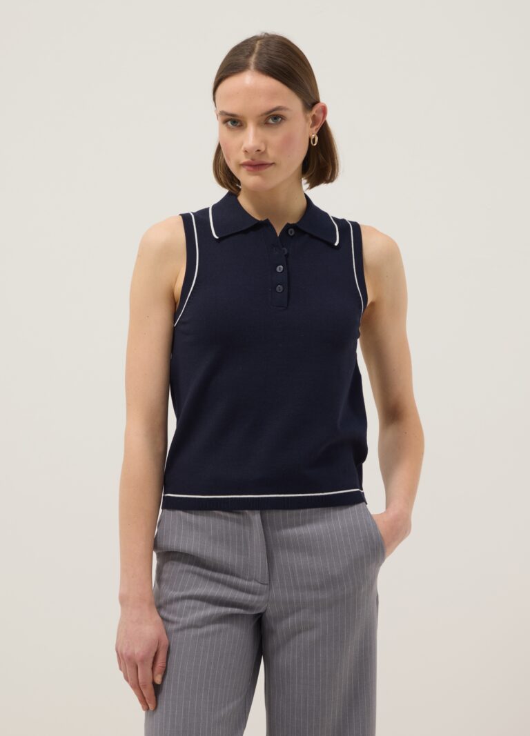 Ovs Polo Azul Sin Mangas Slim Fit En Mezcla De Viscosa Con Botones, Mujer, Azul marino, Talla: 40