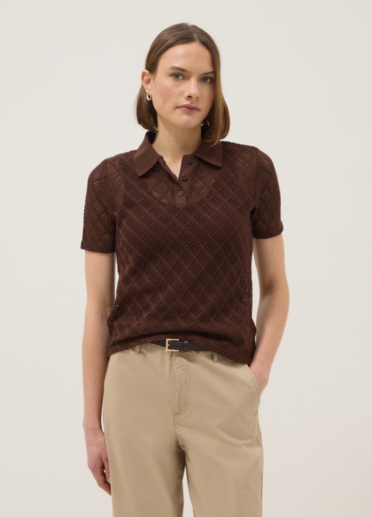 Ovs Polo Marrón De Manga Corta Regular Fit Con Textura De Malla, Mujer, Marrón oscuro, Talla: 40