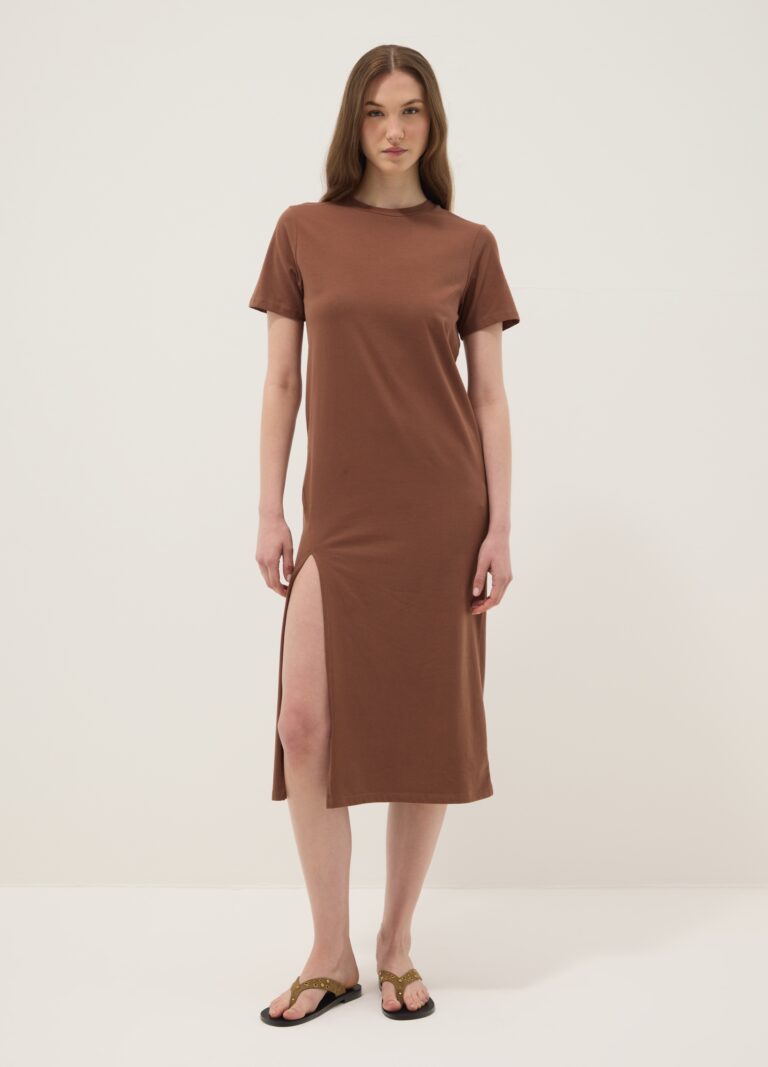 Ovs Vestido Midi Marrón De Algodón Elástico, Mujer, Marrón, Talla: 36