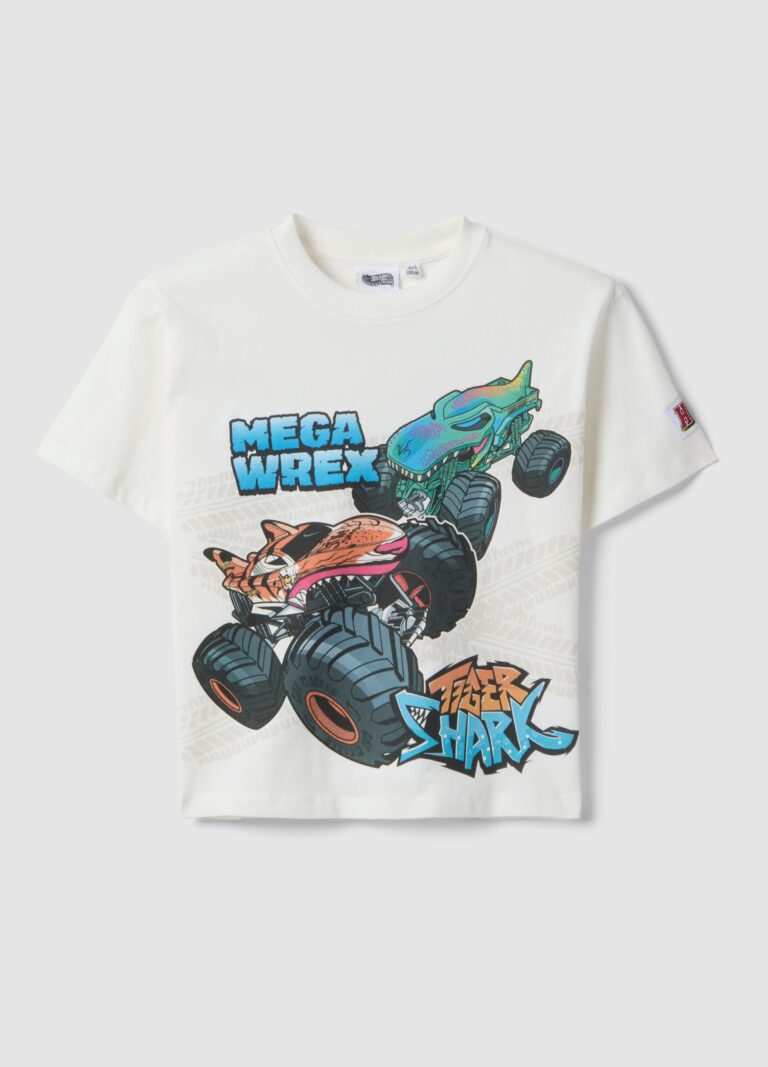 Peanuts Camiseta Blanca Para Niños En Algodón Puro De Ajuste Oversize Con Hot Wheels, Niño, Blanco óptico, Talla: 7-8