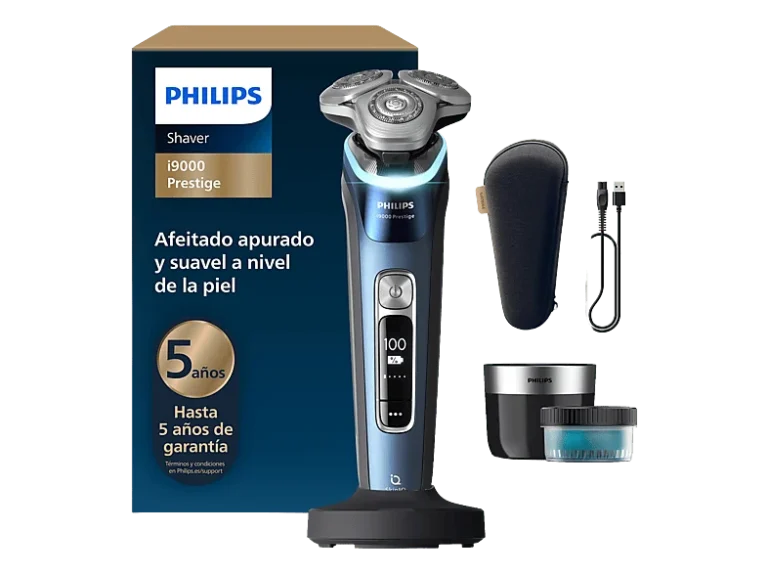 Philips Afeitadora - Philips i9000 Prestige /30, SkinIQ, Levanta y Corta, 5 modos, 60 min, Cortapatillas, Funda viaje, años garantía, Aguamarina