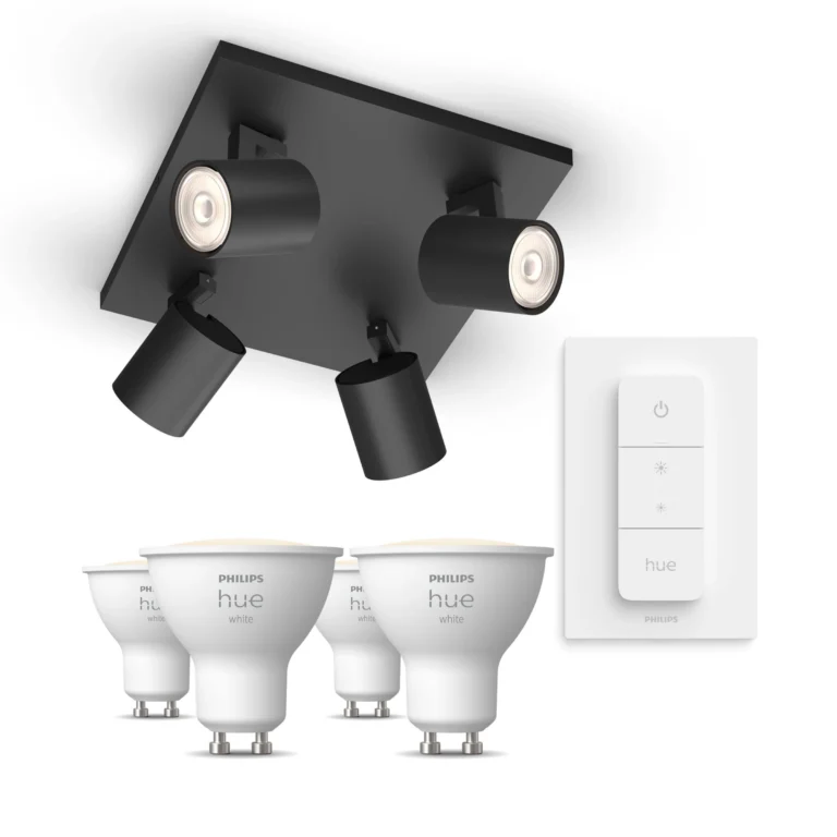 Philips Hue Philips Pack: X4 Focos Philips Runner (negro) + 4 Bombillas Hue Gu10 Luz Blanca Cálida + Mando