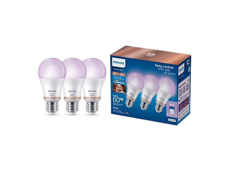 Philips SMART LED Bombilla inteligente-Philips SmartLighting Led E27 Pack x3un, RGB, 8,5W (Eq.60W), 806lm, wifi+BT, control via App WiZ, Matter, comp.