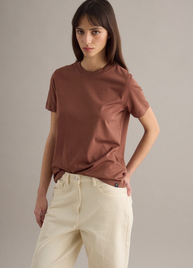 Piombo Camiseta Marrón De Cuello Redondo De Algodón Puro Ajuste Regular, Mujer, Marrón oscuro, Talla: 38